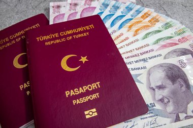 İstanbul, 31 Aralık 2020. Türkiye Cumhuriyeti pasaportu ve gri arka planda seyahat için para notları.
