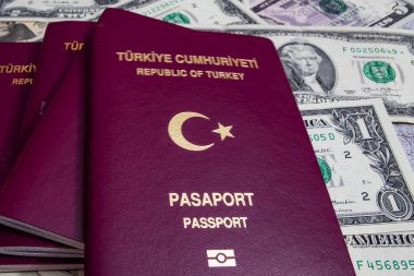İstanbul, 31 Aralık 2020. Türkiye Cumhuriyeti pasaportu ve gri arka planda seyahat için para notları.
