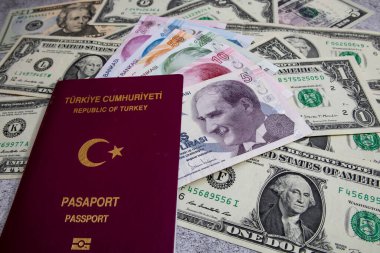 İstanbul, 31 Aralık 2020. Türkiye Cumhuriyeti pasaportu ve gri arka planda seyahat için para notları.