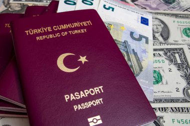 İstanbul, 31 Aralık 2020. Türkiye Cumhuriyeti pasaportu ve gri arka planda seyahat için para notları.