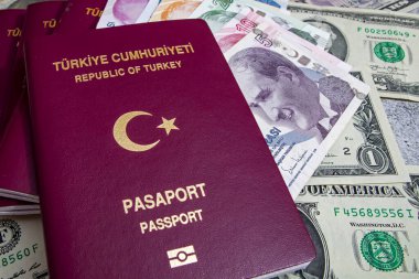 İstanbul, 31 Aralık 2020. Türkiye Cumhuriyeti pasaportu ve gri arka planda seyahat için para notları.