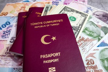 İstanbul, 31 Aralık 2020. Türkiye Cumhuriyeti pasaportu ve gri arka planda seyahat için para notları.
