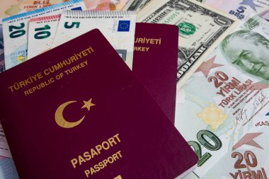 İstanbul, 31 Aralık 2020. Türkiye Cumhuriyeti pasaportu ve gri arka planda seyahat için para notları.