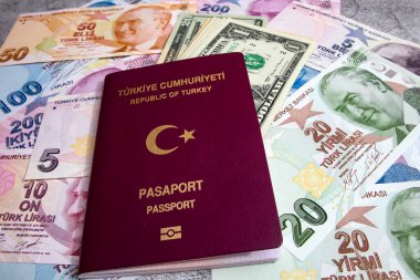 İstanbul, 31 Aralık 2020. Türkiye Cumhuriyeti pasaportu ve gri arka planda seyahat için para notları.