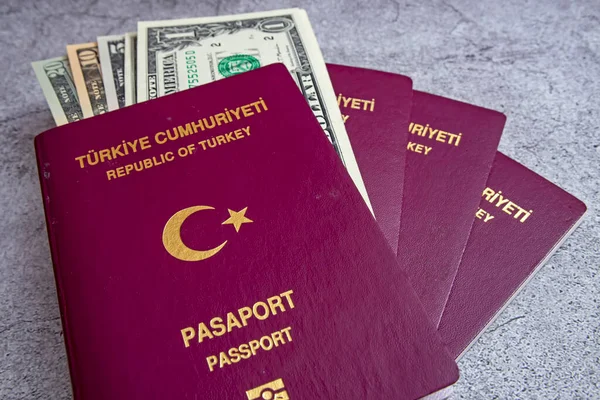 İstanbul, 31 Aralık 2020. Türkiye Cumhuriyeti pasaportu ve gri arka planda seyahat için para notları.