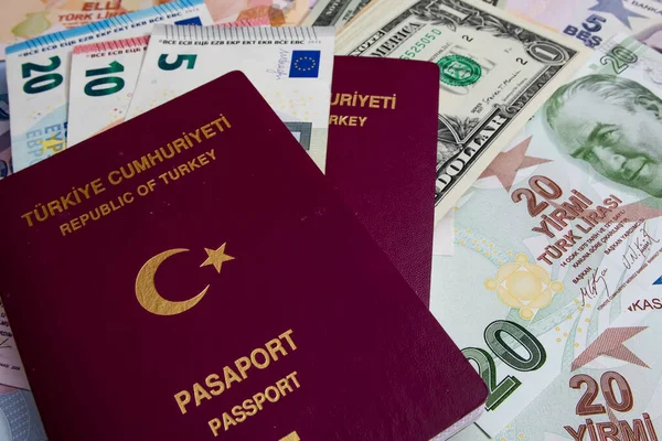 Istanbul Turkey December 2020 Passport Republic Turkey Banknotes Travel Gray — Stock Photo, Image