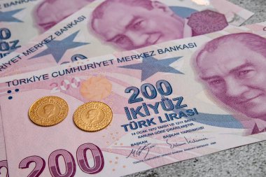 Arka planda Türk lira banknotları ve altın sikkeleri kapat