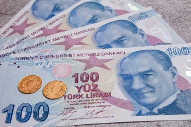 Arka planda Türk lira banknotları ve altın sikkeleri kapat