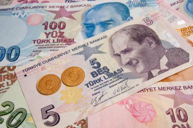 Arka planda Türk lira banknotları ve altın sikkeleri kapat