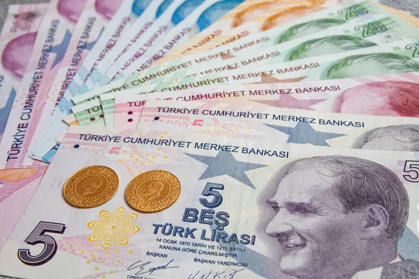 Cerrar Billetes Lira Turca Monedas Oro Fondo — Foto de Stock