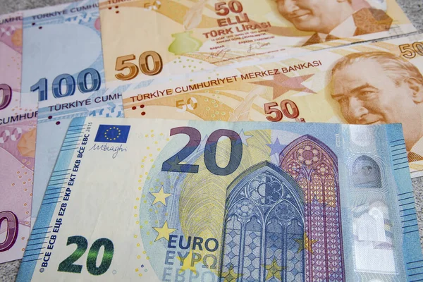 Primer Plano Lira Turca Billetes Euros Segundo Plano — Foto de Stock