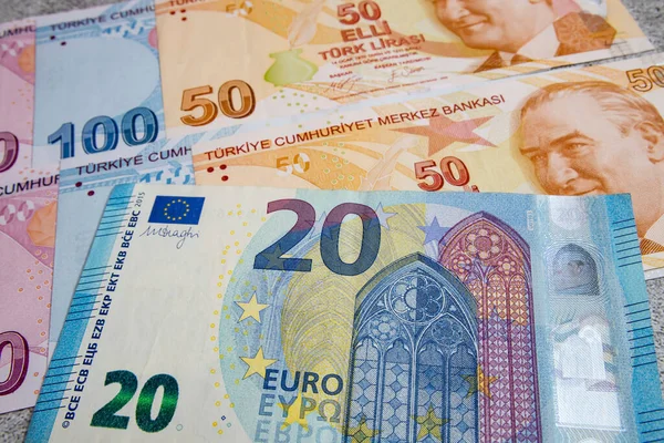 Chiudere Banconote Lira Turca Euro Sullo Sfondo — Foto Stock