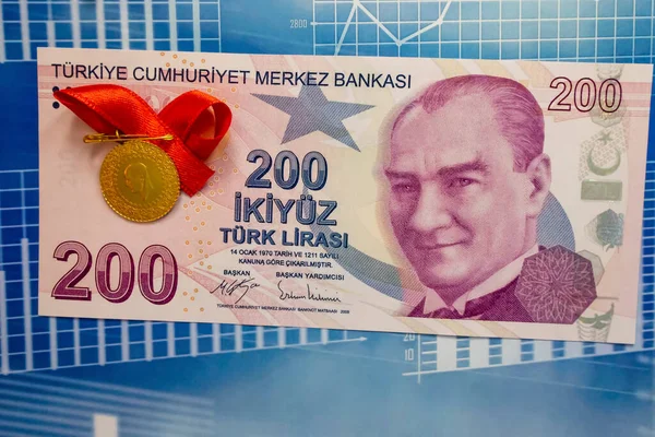 Dwustu Tureckich Lirów Banknotu Papierowego Tureckiej Złotej Monety Tle — Zdjęcie stockowe