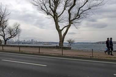 İstanbul, 1.2021 hindi yürüyüşü. İstanbul 'un Sarayburnu ilçesinden gelen İstanbul ve Marmara kışın deniz manzarası ve bulutlu hava