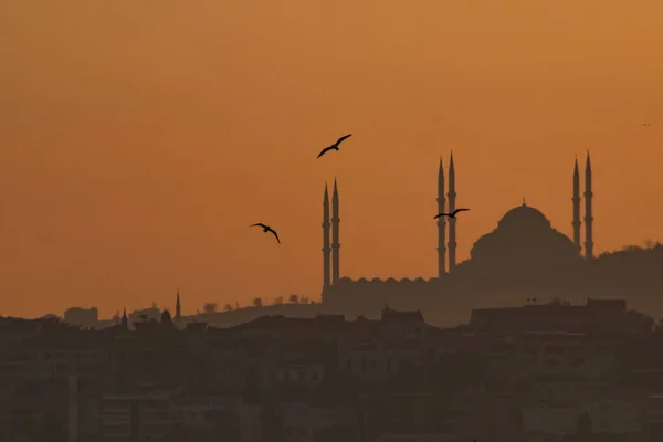 Nascer Sol Silhueta Mesquita Camlica Istanbul — Fotografia de Stock