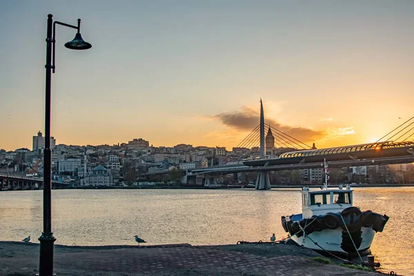 Goldenes Horn Und Blick Auf Die Bahn Brücke Den Frühen — Stockvektor