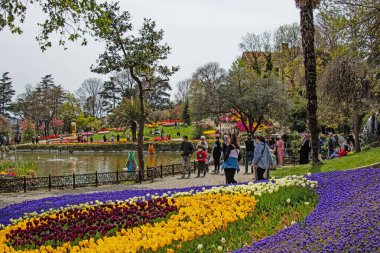 Emirgan, İstanbul, Türkiye-28 Nisan 2021. Lale festivali, Nisan ve bahar aylarında Emirgan Parkı 'ndan gelen lale festivali manzarası ile Istanbulda düzenlendi..