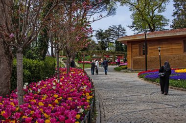 Emirgan, İstanbul, Türkiye-28 Nisan 2021. Lale festivali, Nisan ve bahar aylarında Emirgan Parkı 'ndan gelen lale festivali manzarası ile Istanbulda düzenlendi..