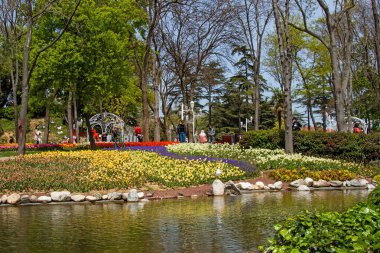 Emirgan, İstanbul, Türkiye-28 Nisan 2021. Lale festivali, Nisan ve bahar aylarında Emirgan Parkı 'ndan gelen lale festivali manzarası ile Istanbulda düzenlendi..