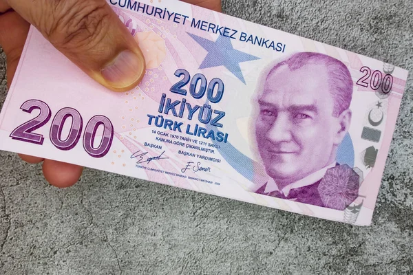 Billetes 200 Liras Turcas Mano — Foto de Stock