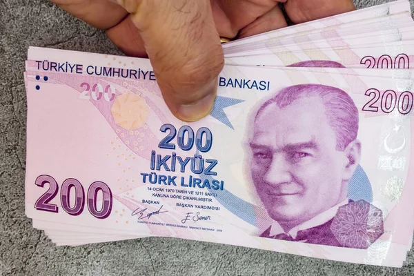 Billetes 200 Liras Turcas Mano — Foto de Stock