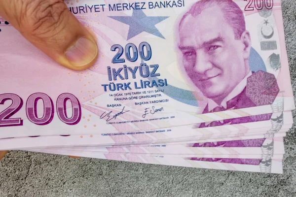 200 Turkish Lira Banknotes Hand — Stock Photo, Image