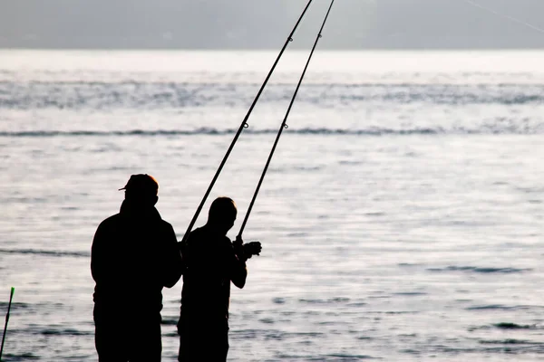 Siluetas Pescadores Aficionados Con Cañas Pescar Orilla Del Mar Temprano — Foto de Stock