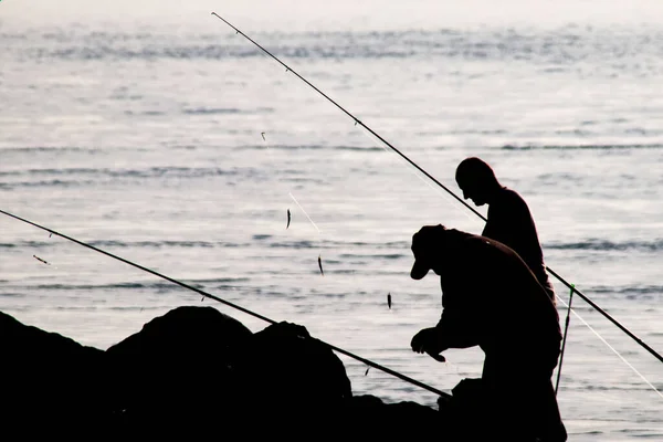 一大早在海滨用钓竿捕鱼的业余渔民的轮廓 — 图库矢量图片