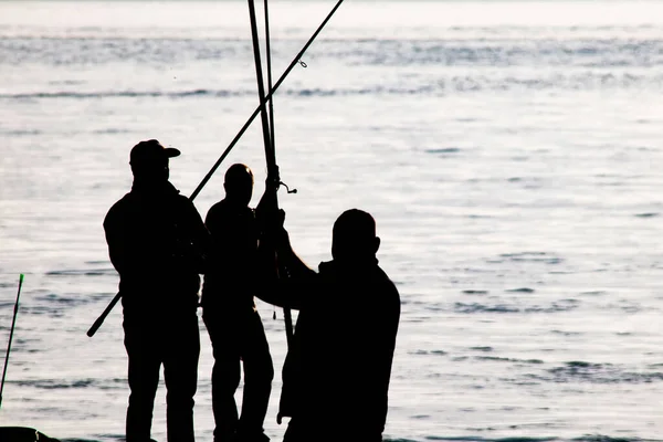 Siluetas Pescadores Aficionados Con Cañas Pescar Orilla Del Mar Temprano — Vector de stock