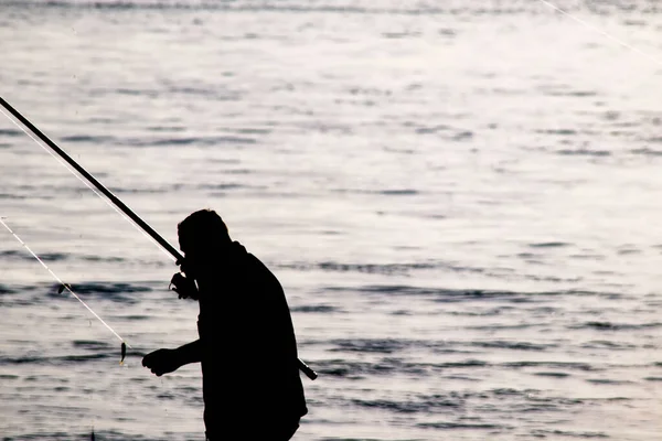 Siluetas Pescadores Aficionados Con Cañas Pescar Orilla Del Mar Temprano — Vector de stock