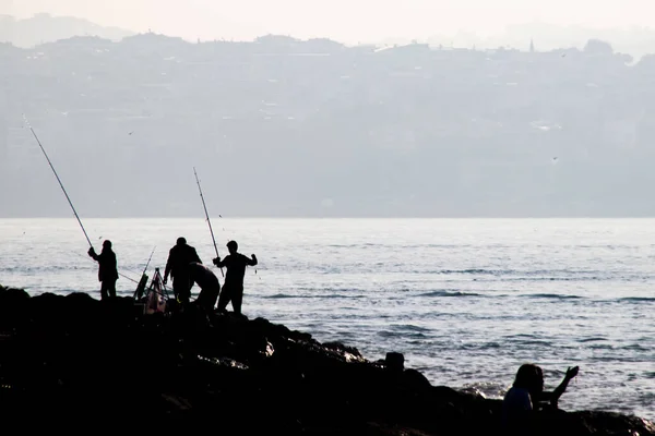 Siluetas Pescadores Aficionados Con Cañas Pescar Orilla Del Mar Temprano — Vector de stock