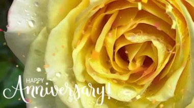 Yakın plan sarı gül ve mutlu yıldönümü metni