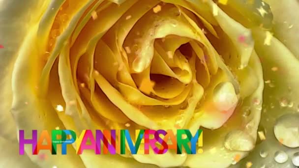 クローズアップ黄色のバラと幸せな記念日のテキスト — ストック動画