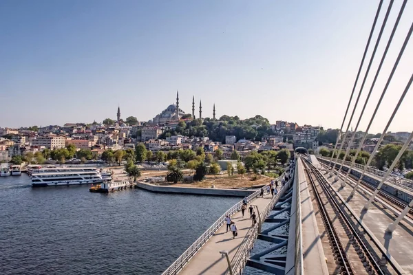 Halic Istanbul Turkey August 2021 Metro Bridge Golden Horn Cityscape — Stock Photo, Image