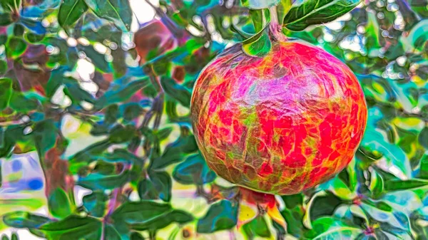 Fractal Konst Granatäppleträd Med Gröna Blad Och Frukter Naturen — Stock vektor