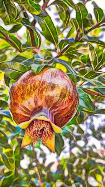 Fraktální Umění Granátový Strom Zelenými Listy Ovocem Přírodě — Stockový vektor