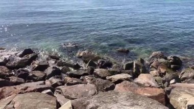 Rocky Shoreline 'a dalgalar çarpıyor. Açık turkuaz okyanus suyu güneşli bir günde koyu gri kıyı kayalarının üzerine hafifçe sıçrıyor. Doğal kayalık bir plajın yüksek açılı görüntüsü.