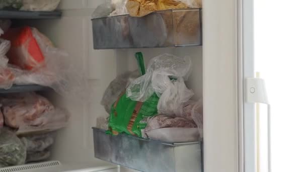 Замороженные Овощи Мясные Продукты Хранящиеся Холодильнике — стоковое видео