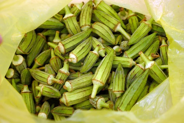 Färsk Okra För Matlagning Okra Växt Påse Okra Korn — Stockfoto