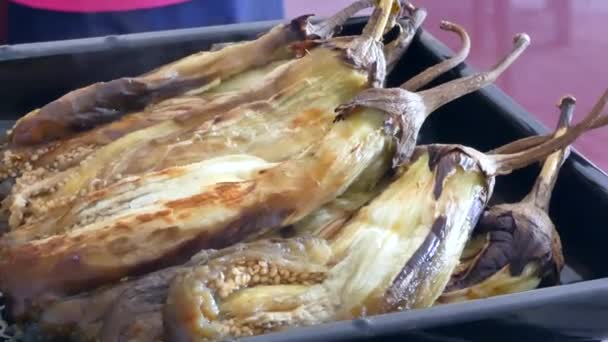 Roasted Eggplant Fire Canned Eggplant Winter Foods Roasted Sorted Eggplants — Stock Video