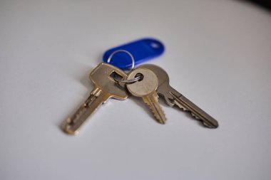 Apartman kapısının anahtarlarını elinde tutuyorsun. Ev, gayrimenkul, mülkiyet, taşınma, kira, güvenlik ve yeni başlangıçlar kavramı. Konut, sigorta ve mülkiyete ilişkin konular için uygun minimum ve temiz kompozisyon.