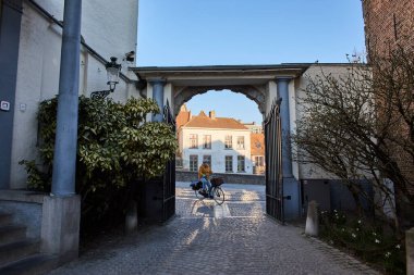 Belçika şehir merkezindeki tarihi kırmızı tuğla bina.