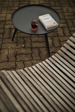 Huzurlu bir İsviçre yüksek irtifa atmosferinde, manzaralı bir dağ manzaralı, rahatlatıcı bir sandalyenin yanına bir kitap ve bir fincan çay yerleştirilir. Sahne sakinliği, yavaş yaşamı ve doğayla çevrili rahat bir dağlık yaşam tarzını yansıtıyor. Konseptler için uygun