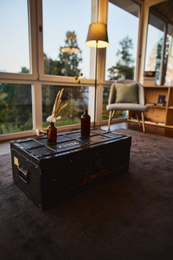 Rahat bir yatak odası ve manzaralı bir dağ manzaralı bir İsviçre otel odası atmosferi. İçerisi konforu, konukseverliği ve rahatlatıcı bir alp konaklamasını yansıtıyor. Seyahat konaklama, turizm, rahatlama ve Avrupa 'ya uygun konseptler