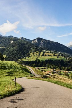 İsviçre Alplerinde, Thun Gölü 'ne bakan güneşli bir gün. Sahne açık hava, dağlık dağları ve sakin göl sularını gözler önüne sererek İsviçre 'nin doğal güzelliğini gözler önüne seriyor. Seyahat, turizm, doğa ve açık hava kavramları için uygundur.