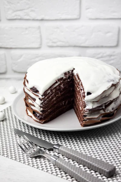 Homemade Chocolate Cake Cream Slice Cake Cut — Stock Photo, Image