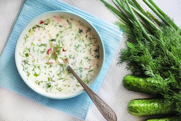 Okroshka Sopa Tradicional Rusa Fría Con Pepino Fresco Los Huevos —  Fotos de Stock