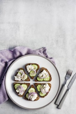 Kızarmış ekmekli kanepeler, ayçiçeği ve keten tohumları, feta peyniri, salatalık ve soğan. Düz konum, üst görünüm, kopyalama alanı