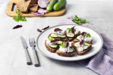 Kızarmış ekmekli kanepeler, ayçiçeği ve keten tohumları, feta peyniri, salatalık ve soğan.