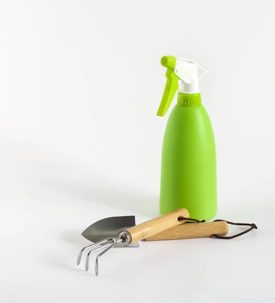 Green Spray Bottle Small Garden Tools White Background Copy Space — Stock Photo, Image